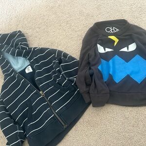 Black Striped Zip Hoodie & Black Graphic Crewneck Set - Blue & Yellow Accents
